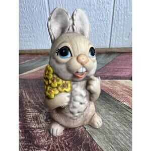 Vintage Norleans Bunny Figurine Rabbit with Flowers Ceramic 4.5” Cute Kitsch